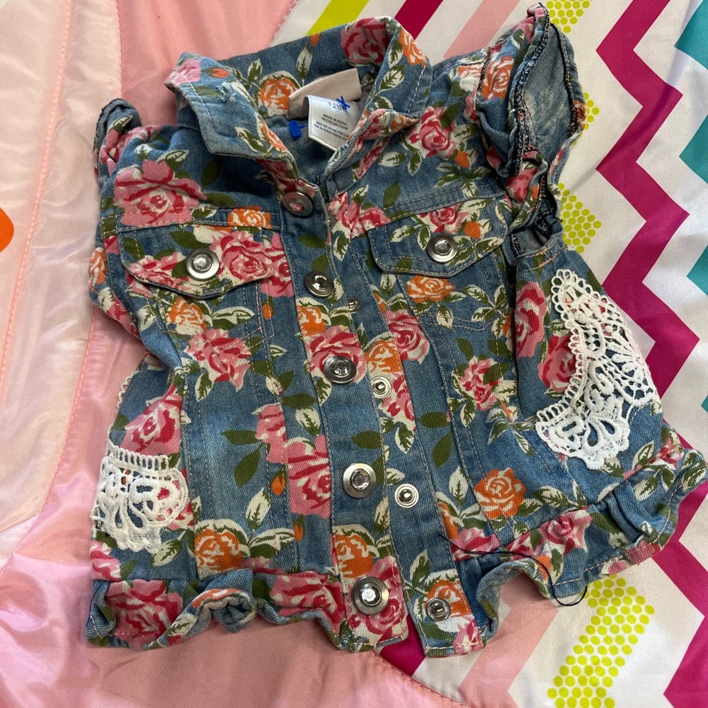 Little Lass Floral Denim Vest with Lace